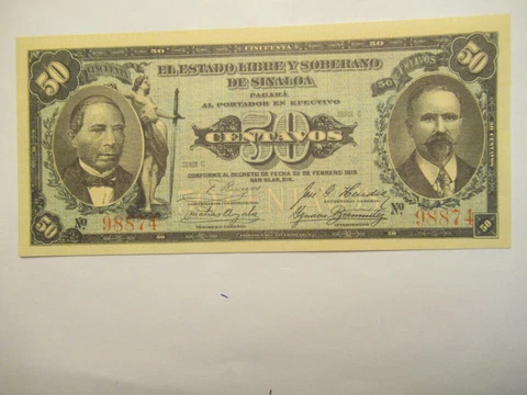 Mexico 1915 Revolutionary (Sinaloa) 50 Pesos Banknote Cover