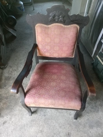 Antique Vintage Victorian Style Fabric Carved Wooden Lounge Chair Brown Red Sill Cover