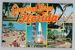 Grüße aus Florida FL Rocket Beach Orangen Chrom Postkarte 60er Jahre - Bild 1 von 2