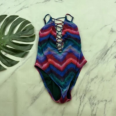 La Blanca Womens Strappy One Piece Swimsuit Size 6 Blue Pink Watercolor Stripe - Image 1 of 4