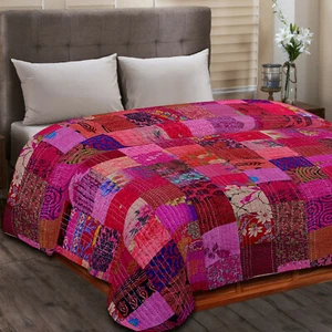 Vintage Patchwork Kantha Quilt Bedspread Indian Handmade Quilt Throw Silk Quilt - Picture 1 of 7