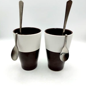 Cappuccino Latte Mugs Coffee Cups Curved Spoon 10 oz. Two Tone Brown Tumblers - Picture 1 of 7