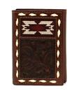 Nocona Western Mens Wallet Trifold Leather Fabric Inlay Buck Laced Brown
