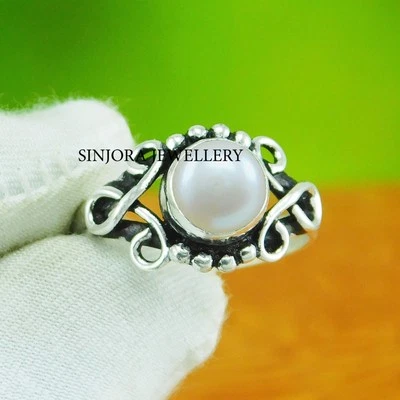 Anillo de regalo hecho a mano de plata de ley 925 con piedras preciosas de perlas talla 5 a 13 de EE. UU. Foto 1 de 4