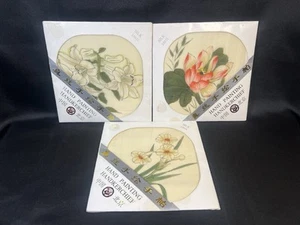 Vtg Set 3 NOS CHINESE Asian Silk Scarfs Hand Painted 14.5” Square Flowers Signed - Picture 1 of 16