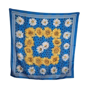 Vtg Floral Scarf Sunflowers and Daisies Bright Blue Made in Italy 35"x 35" - Picture 1 of 4