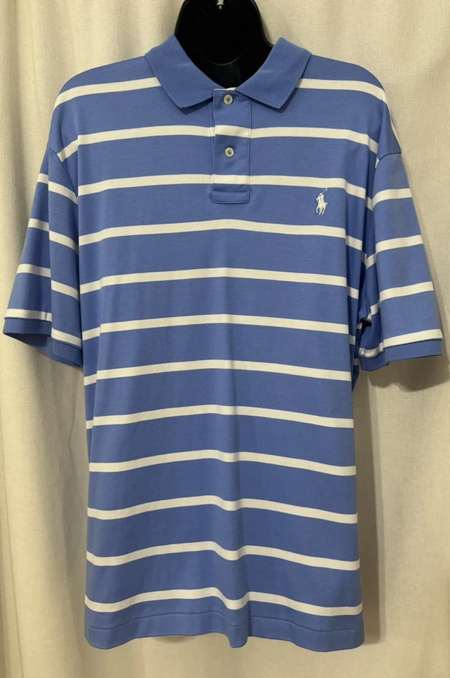 Ralph Lauren Men's Blue Striped Short Sleeve Polo Shirt Collared 100% Cotton L - Image 1 of 4
