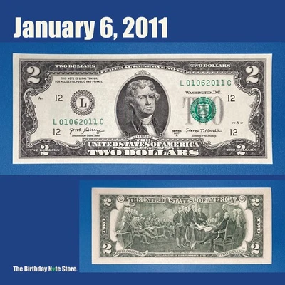 January 6, 2011 Birthday Anniversary $2 Two Dollar Bill Serial Number 01062011 - Image 1 of 2