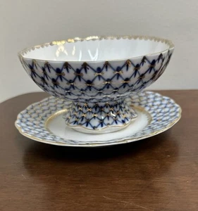 Lomonosov Porcelain Cobalt Net Footed Ice Cream Candy Bowl & Saucer USSR - Picture 1 of 10
