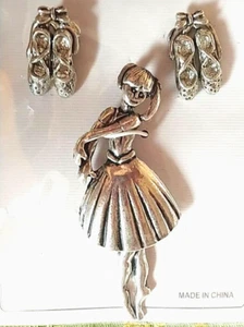 Silver Ballet Dancer Brooch and Ballet Shoes Earrings Set Gift Box Mother's Day - Picture 1 of 3