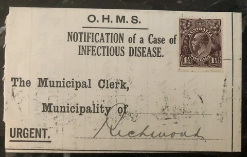 1919 Australia OHMS Infectious Disease Notification Letter cover To Melbourne Cover