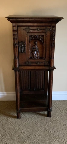 Antique Carved Wood French Gothic Oak Music Cabinet Cover