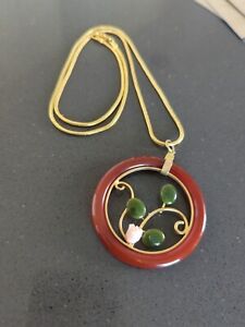 Vintage Carnelian Dark Green Jade Pedant  Stones Gold Snake Chain Necklace A361