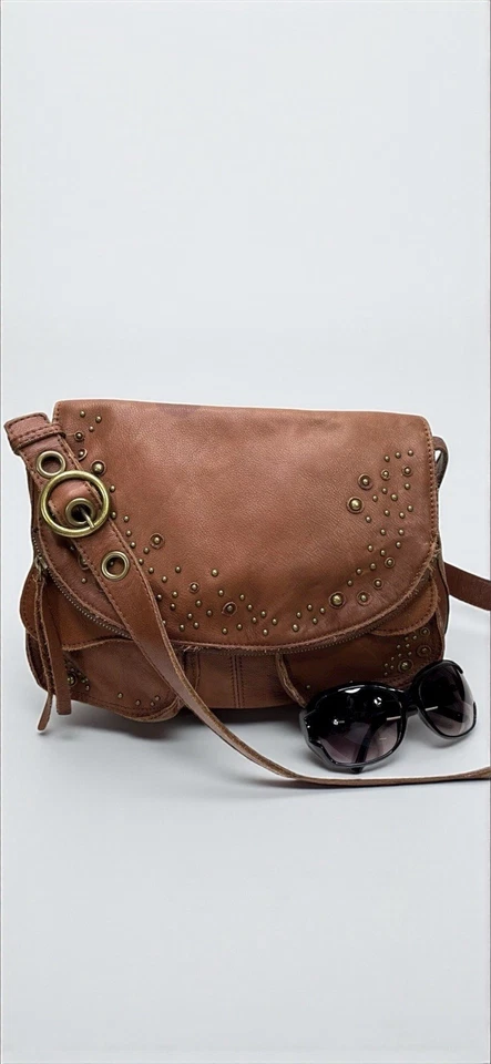 LUCKY BRAND Stash Crossbody Italian Leather Studs Caramel Fold Over Western - Image 1 of 4
