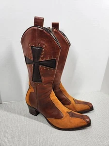 Siren Mark Nason Size 8 Brown Leather Boots Western Cowboy Multicolor  Biker - Picture 1 of 21