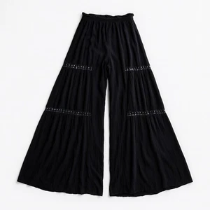 Pantalones Angie Palazzo de pierna ancha para mujer grandes negros inserciones de ganchillo elásticos fluidos - Imagen 1 de 6