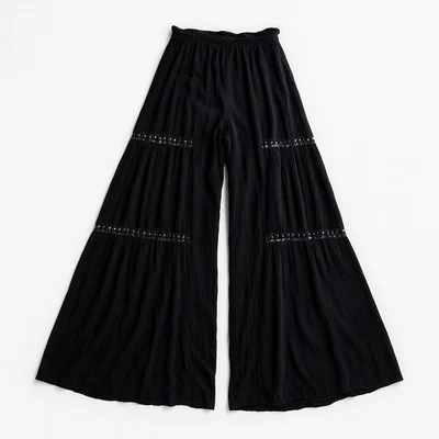 Angie Wide Leg Palazzo Pants Womens Large Black Crochet Insets Stretch Flowy - Image 1 of 4