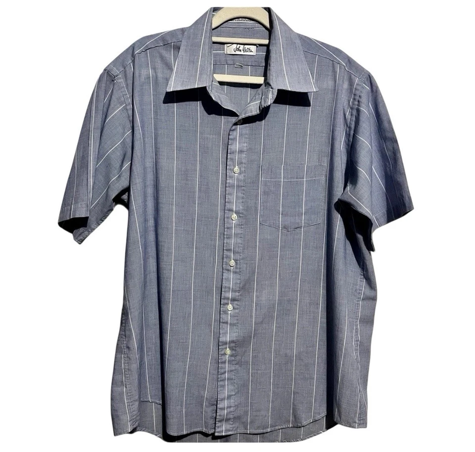复古 John Weitz 男式衬衫大号蓝色白色条纹纽扣休闲海岸 — 第 1/4 张图片