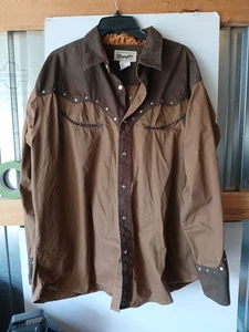 Chemise homme Wrangler 1947 Western Pearl Snap 2XL marron cloutée vintage - Photo 1/11