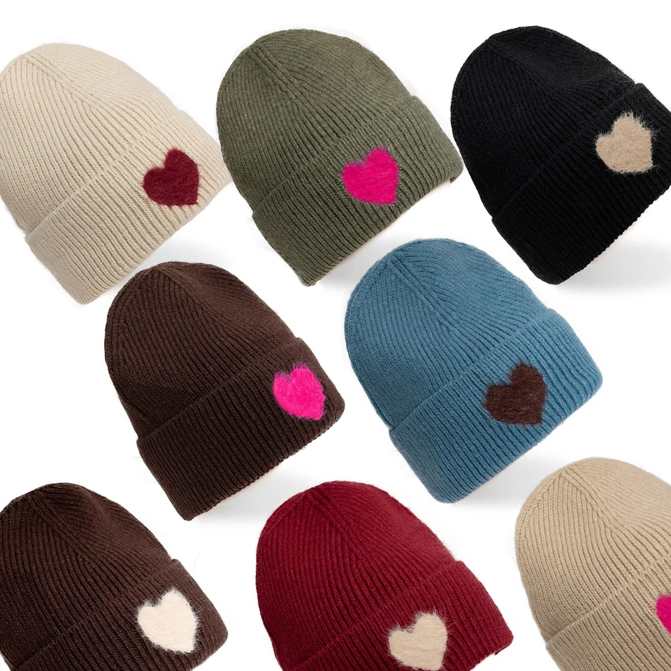 Ladies Winter Ribbed Heart Knitted Hat Fashion Warm Soft Beanie Cap - Image 1 of 3