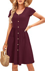 OUGES Women's Short/Long Sleeve Summer Spring Dress Casual Button Down Midi V