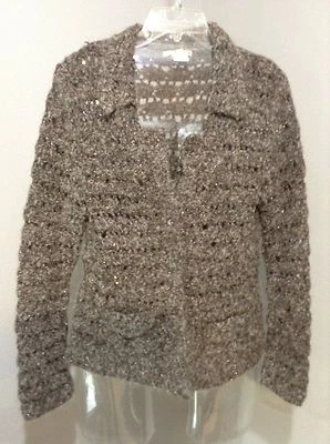 KENSIE~Wool Blend Metallic Open Crochet Knit Cardigan Button Sweater - Image 1 of 4