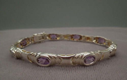CHANEL Set Canale Ametista Ovale Argento Sterling Maglia Bracciale Tennis Scatola Fibbia 7"