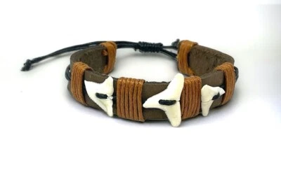  Shark Tooth Bracelet Real Shark Tooth Teeth Surfer Beach Leather Bracelet Cuff  - Image 1 of 4