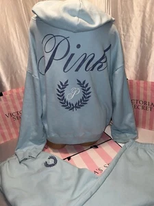 Victoria Secret PINK Hoodie Full Zip & Joggers Set Logo XXL Baby Blue - Picture 1 of 6