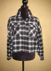 Miou Muse gray/black/white flannel plaid hidden buttondown crop pockets jacket M - Picture 1 of 11