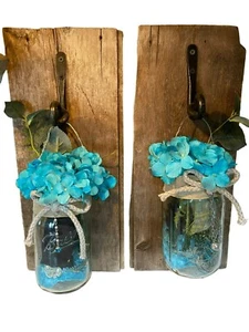 Nautical Mason Jar Lighted Wall Hanging Sconce Set Handmade - Picture 1 of 10