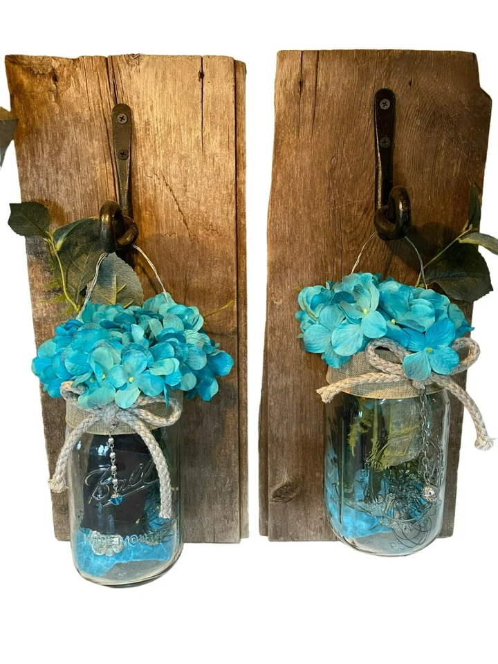 Nautical Mason Jar Lighted Wall Hanging Sconce Set Handmade - Image 1 of 4