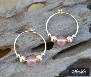 Handmade Earrings with 14K Yellow Gold Filled, Cherry Quartz & Sterling Silver. - Picture 1 of 5
