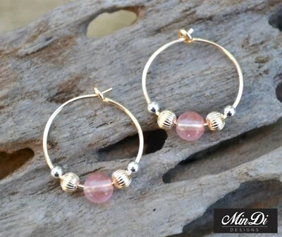 Handmade Earrings with 14K Yellow Gold Filled, Cherry Quartz & Sterling Silver. - Image 1 of 4