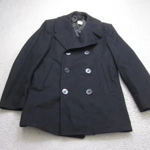 Vintage Navy Pea Coat Mens 36 S Black Overcoat Button Wool Heavy - Picture 1 of 13