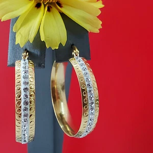 Women's Stainless Steel Hoop Earrings with crystals. 24K Color - Picture 1 of 4