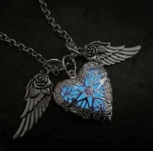 Glow in the Dark Gothic Heart Locket Necklace with Angel Wings – Vintage Jewelry - Picture 1 of 8