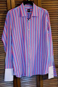 Hugo Boss Blue Striped Brightly Colored French Cuff Dress Shirt XXL  - Picture 1 of 5