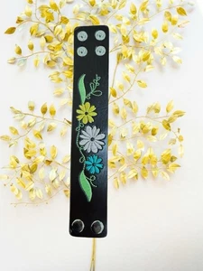 2” wide genuine leather embroidered band snap bracelet Black Boho floral new - Picture 1 of 7