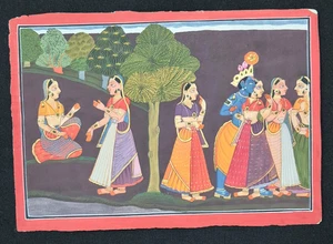VINTAGE REAL GOLD WORK HANDMADE "BASOHLI SCHOOL" PAINTING BY "VAISHNAV DAS JI". - Picture 1 of 5
