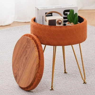 Cpintltr Velvet Ottoman with Storage, Round Footstool, Metal Legs, Pumpkin Brown - Image 1 of 4
