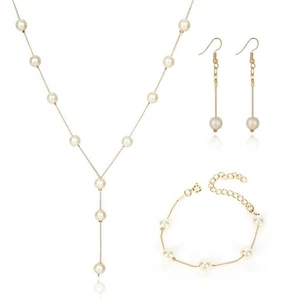 Conjunto de pendientes y pulsera de collar nupcial conjunto de joyas de perlas de imitación para mujer boda... - Imagen 1 de 9