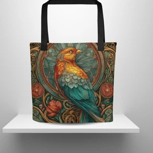 Art Nouveau Bird Tote Bag Teal Gold Songbird Ornamental Vintage Style - Picture 1 of 9