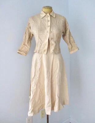 De Colección Años 50 Beige Tafetán Columpio Vestido 2 Piezas Cubby Tapiz Recortado Chaqueta Traje S/M Foto 1 de 4