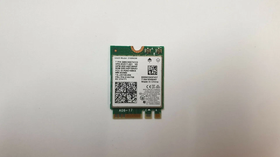 Intel Wireless-AC 3168 3168NGW 802.11ac WiFi Bluetooth Card G86C007K310 - Immagine 1 di 1