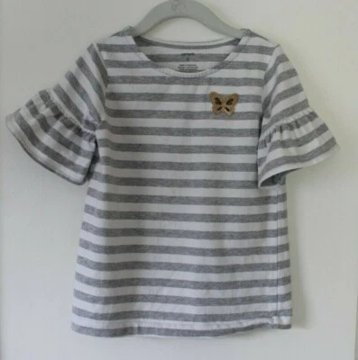 Camisa de manga corta Carter's para niñas, rayas grises/blancas, acento mariposa, talla 6 Foto 1 de 4