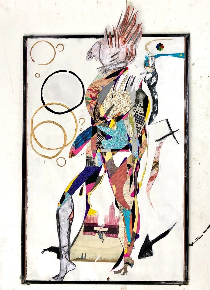 NEW HEAD Black Yellow White Blue Abstract Figure Person Collage Painting - Image 1 of 4