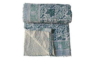 Cotton Kantha Floral Block Print Quilt Throw Blanket Mulitcolor Bedspread Gud - Picture 1 of 4