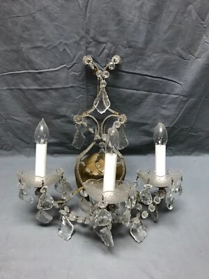 Antique Crystal 3 Light Wall Sconce Candelabra Italian Shabby VTG Chic 1860-22B - Image 1 of 4