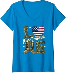 Love Our Veterans Heart USA Flag Camouflage Army Ladies' V-Neck Tshirt - Picture 1 of 6